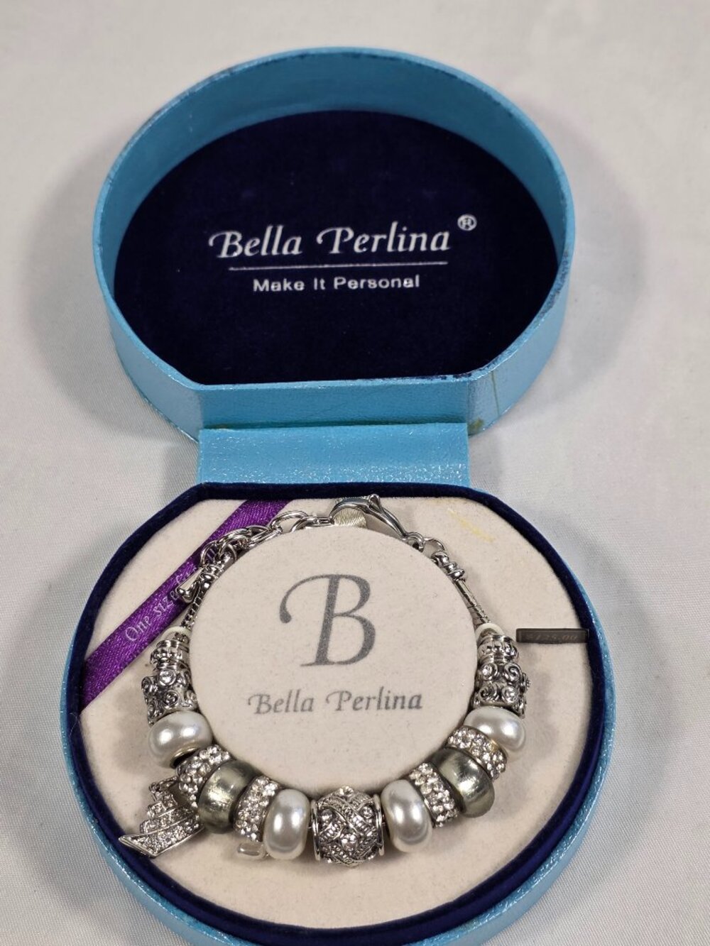 Bella Perlina Silver-Tone Charm Bracelet White Pearl Beads Crystal Accents NEW